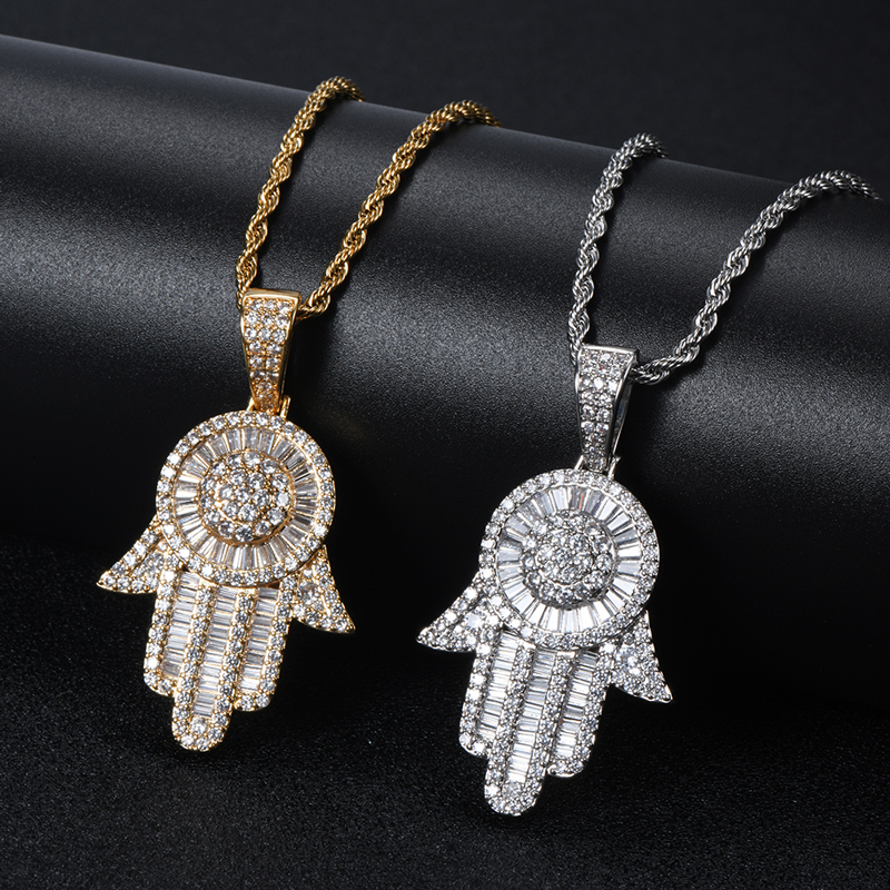 Iced Out Hamsa Hand Pendant Necklace Hip Hop Charm Jewelry
