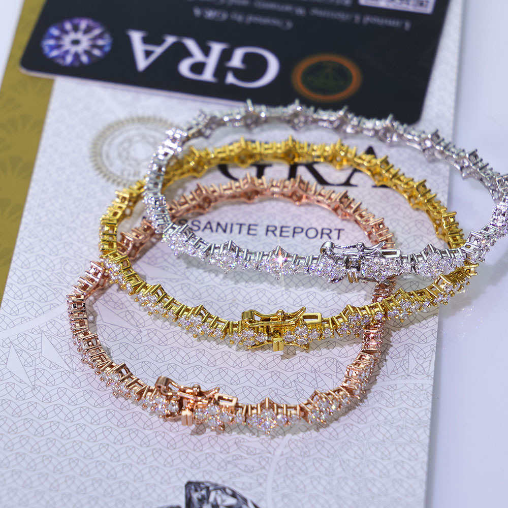 6.5mm Iced Out VVS Moissanite Flower Shape Tennis Chain Bracelet