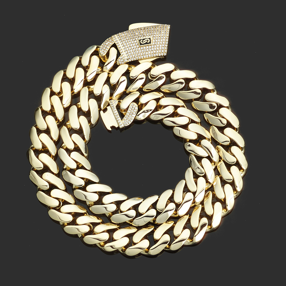 6-20mm Iced Out Diamond Clasp Flat Monaco Chain 14K Gold Plated Thick Cuban Link Chain