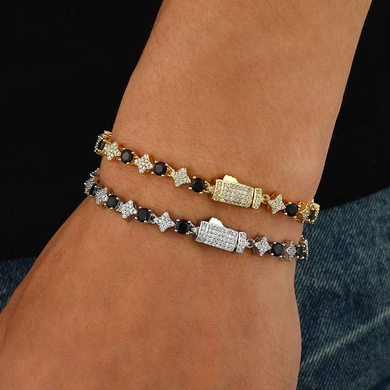 6mm Diamond Star Tennis Bracelet  925 vvs Silver & Gold Hip Hop Bling