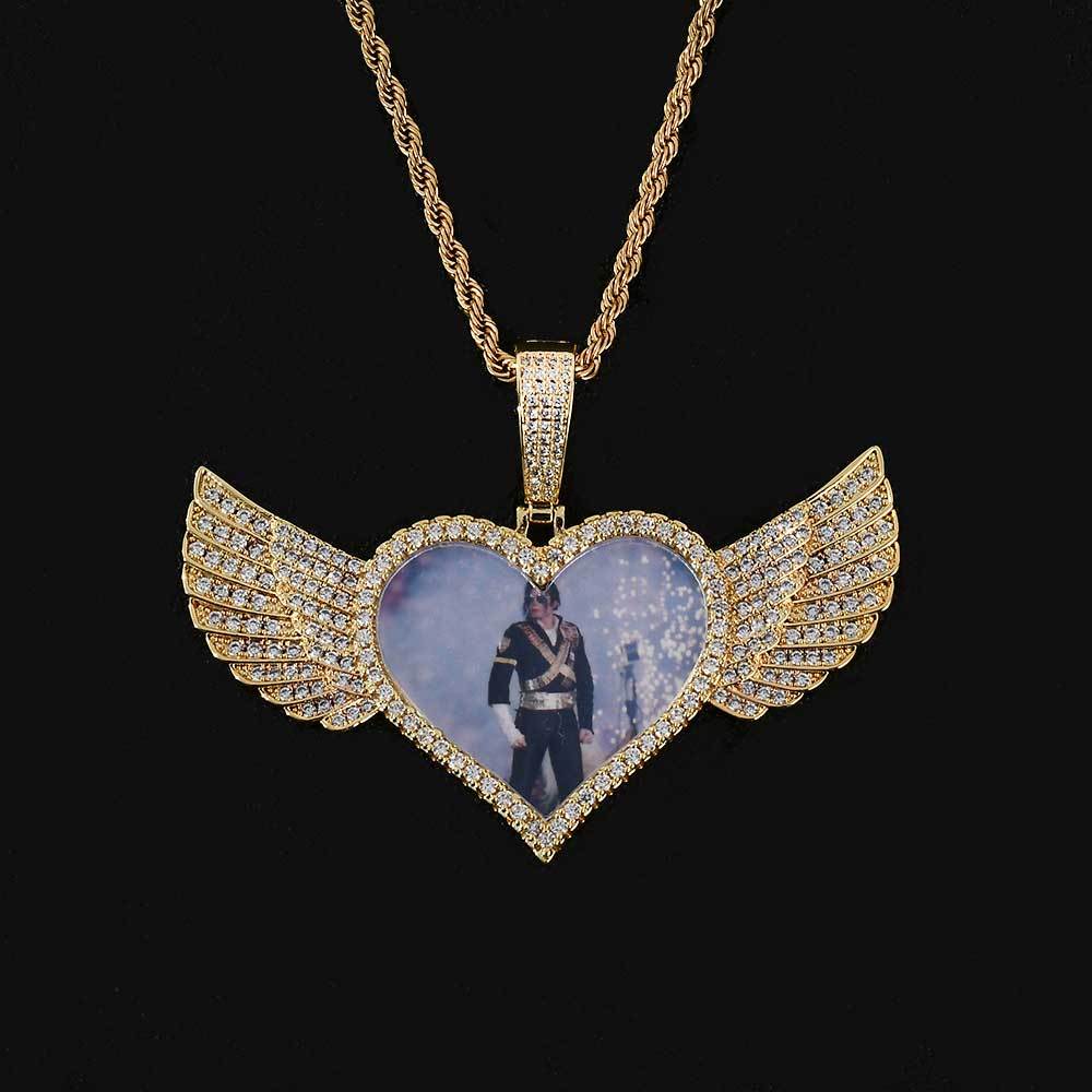 Wholesale Iced Out Wing Heart Photo Pendant Necklace Acceptable Free Logo