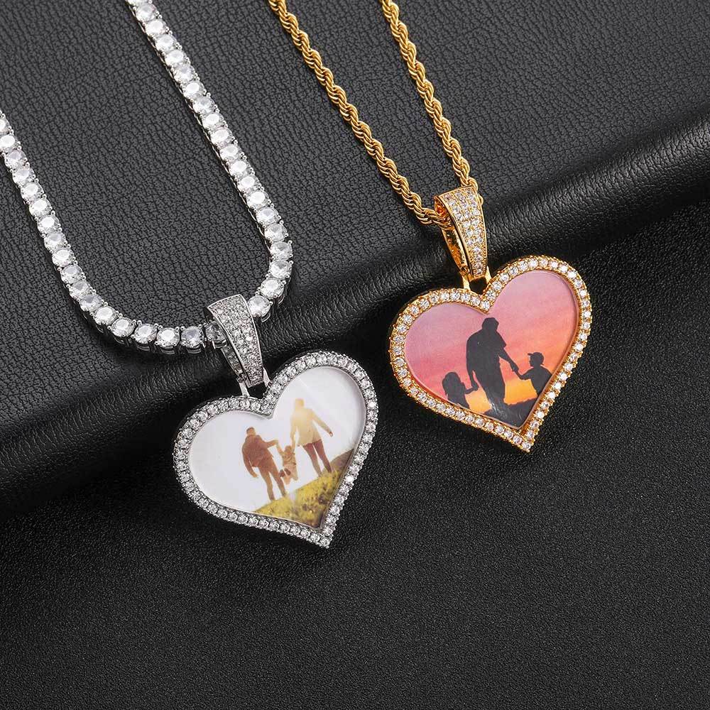 Wholesale Custom Heart Photo Customized Pendants Zircon Bling Iced Out Picture Necklaces