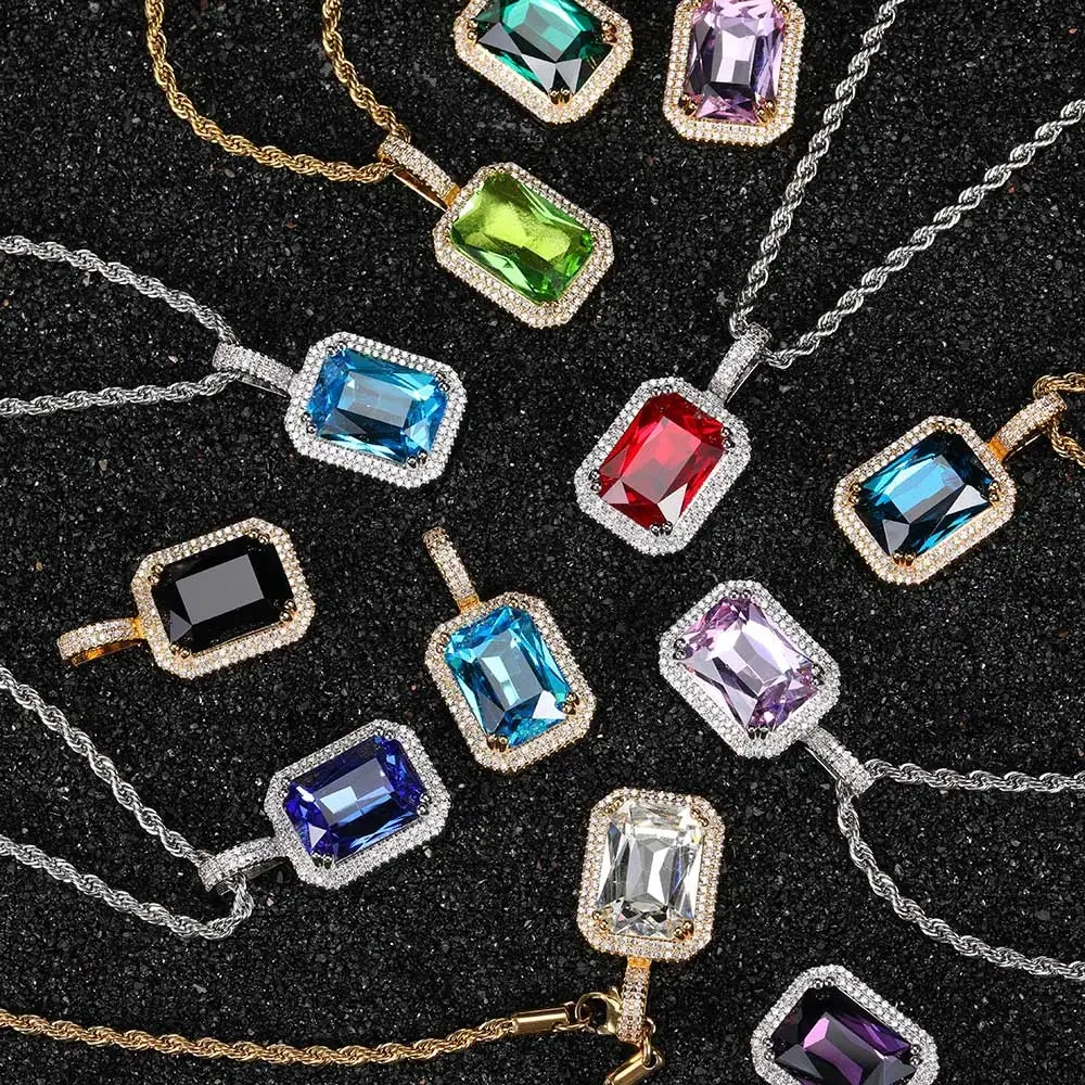 Custom Hiphop Bling Cz Charms More Color Aquamarine Red Ruby Emerald Rose Gold Plated Magnolia Crystal Pendant With Tennis Chain