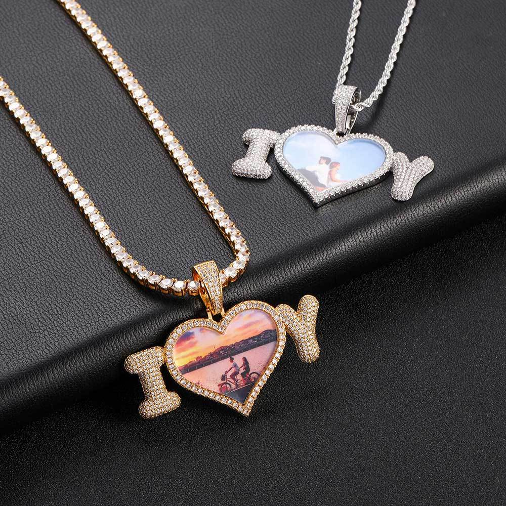 DIY 'i love u' Photo Pendant Iced Out Necklace Gift Custom Acceptable