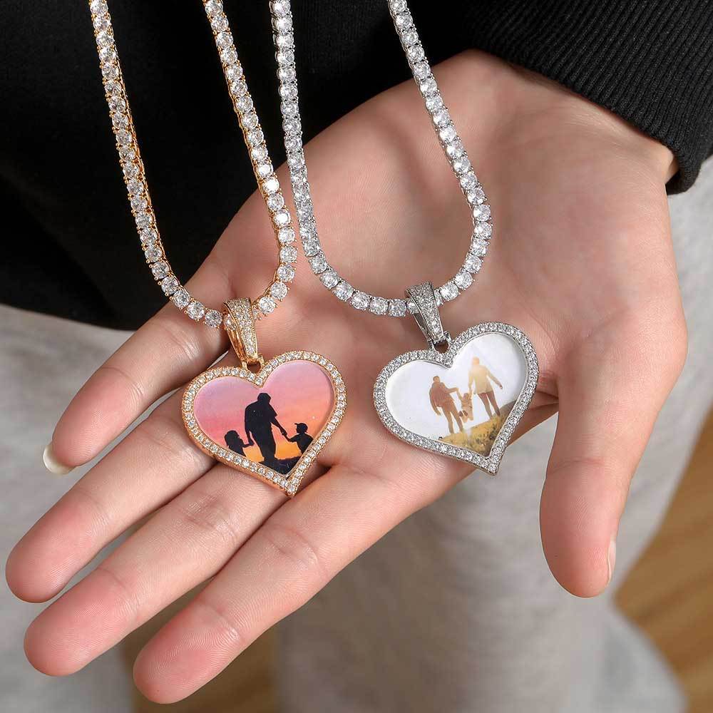 Wholesale Custom Heart Photo Customized Pendants Zircon Bling Iced Out Picture Necklaces