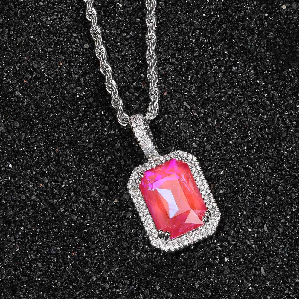 Custom Hiphop Bling Cz Charms More Color Aquamarine Red Ruby Emerald Rose Gold Plated Magnolia Crystal Pendant With Tennis Chain