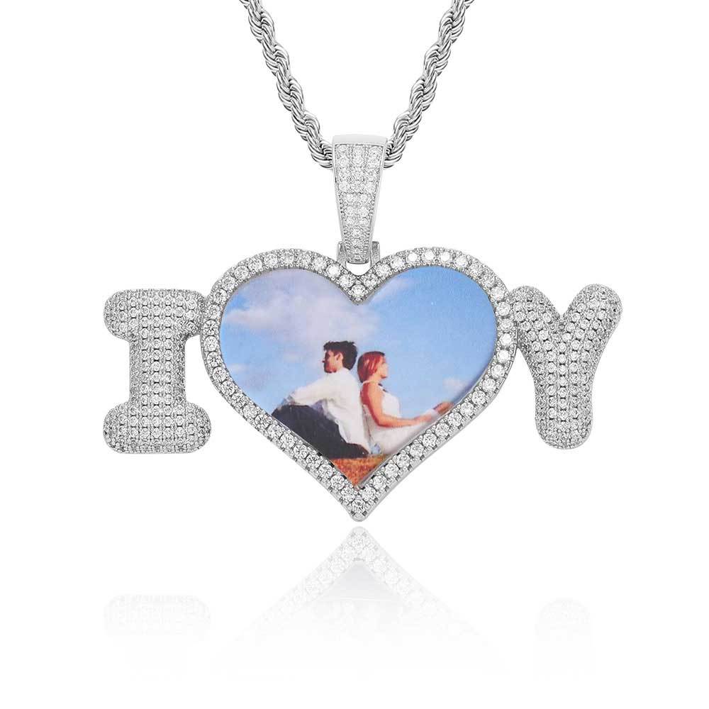 DIY 'i love u' Photo Pendant Iced Out Necklace Gift Custom Acceptable