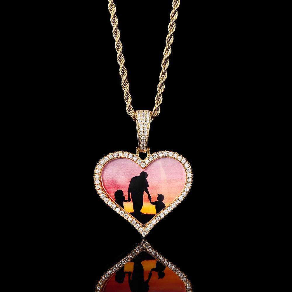 Wholesale Custom Heart Photo Customized Pendants Zircon Bling Iced Out Picture Necklaces
