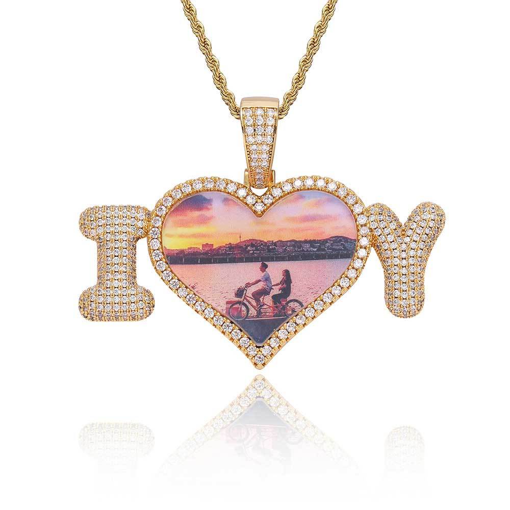 DIY 'i love u' Photo Pendant Iced Out Necklace Gift Custom Acceptable