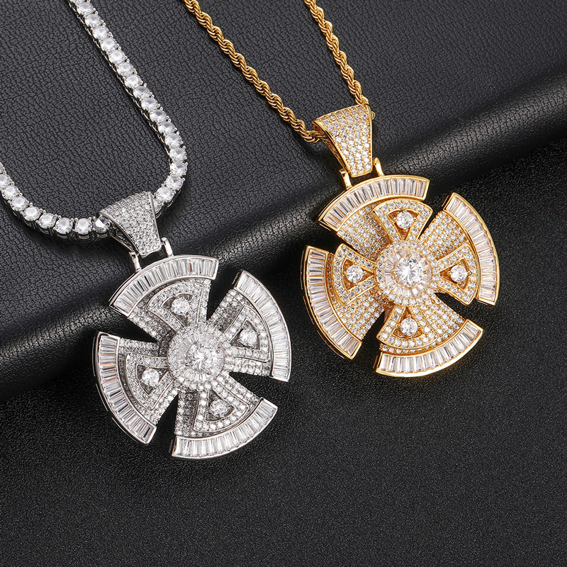Rotating Cross Pendant Necklace – Iced Out CZ Diamond, Gold Tennis Chain