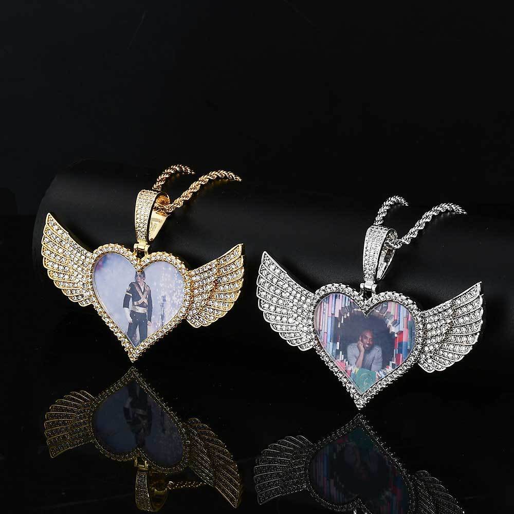 Wholesale Iced Out Wing Heart Photo Pendant Necklace Acceptable Free Logo
