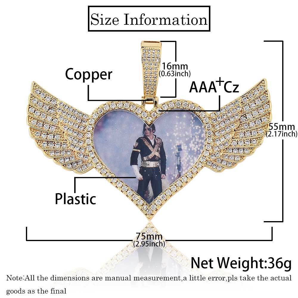 Wholesale Iced Out Wing Heart Photo Pendant Necklace Acceptable Free Logo
