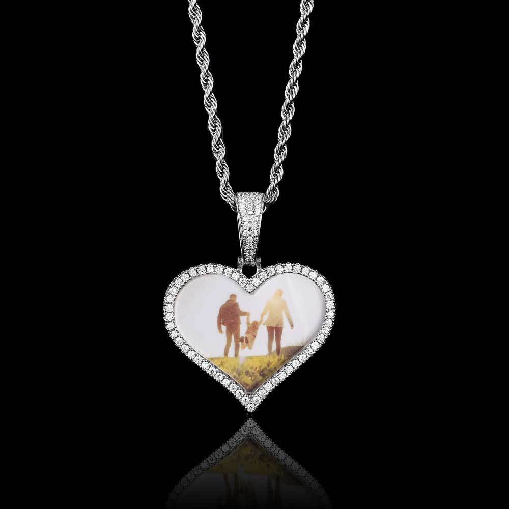 Wholesale Custom Heart Photo Customized Pendants Zircon Bling Iced Out Picture Necklaces