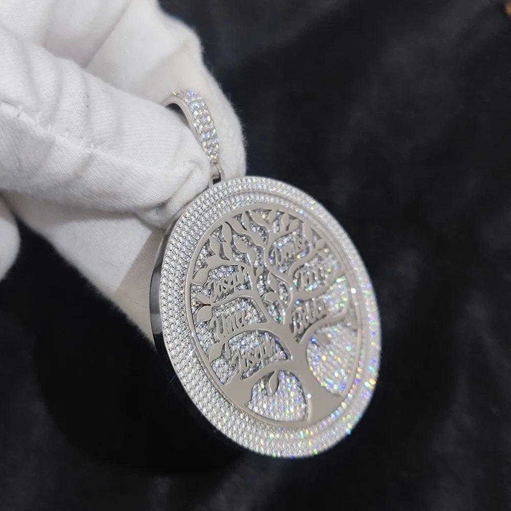 Custom 2inch Circle Family Tree Multiple Name Pendant 925Sterling Silver For Women VVS Moissanite Jewelry Pendant  Necklace Men
