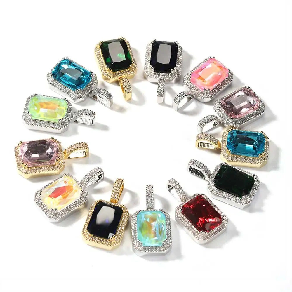 Custom Hiphop Bling Cz Charms More Color Aquamarine Red Ruby Emerald Rose Gold Plated Magnolia Crystal Pendant With Tennis Chain