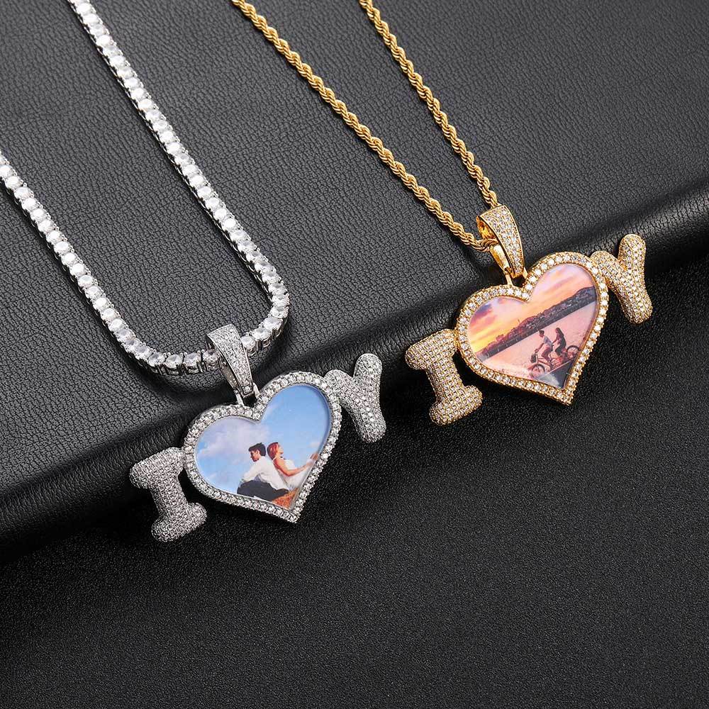 DIY 'i love u' Photo Pendant Iced Out Necklace Gift Custom Acceptable