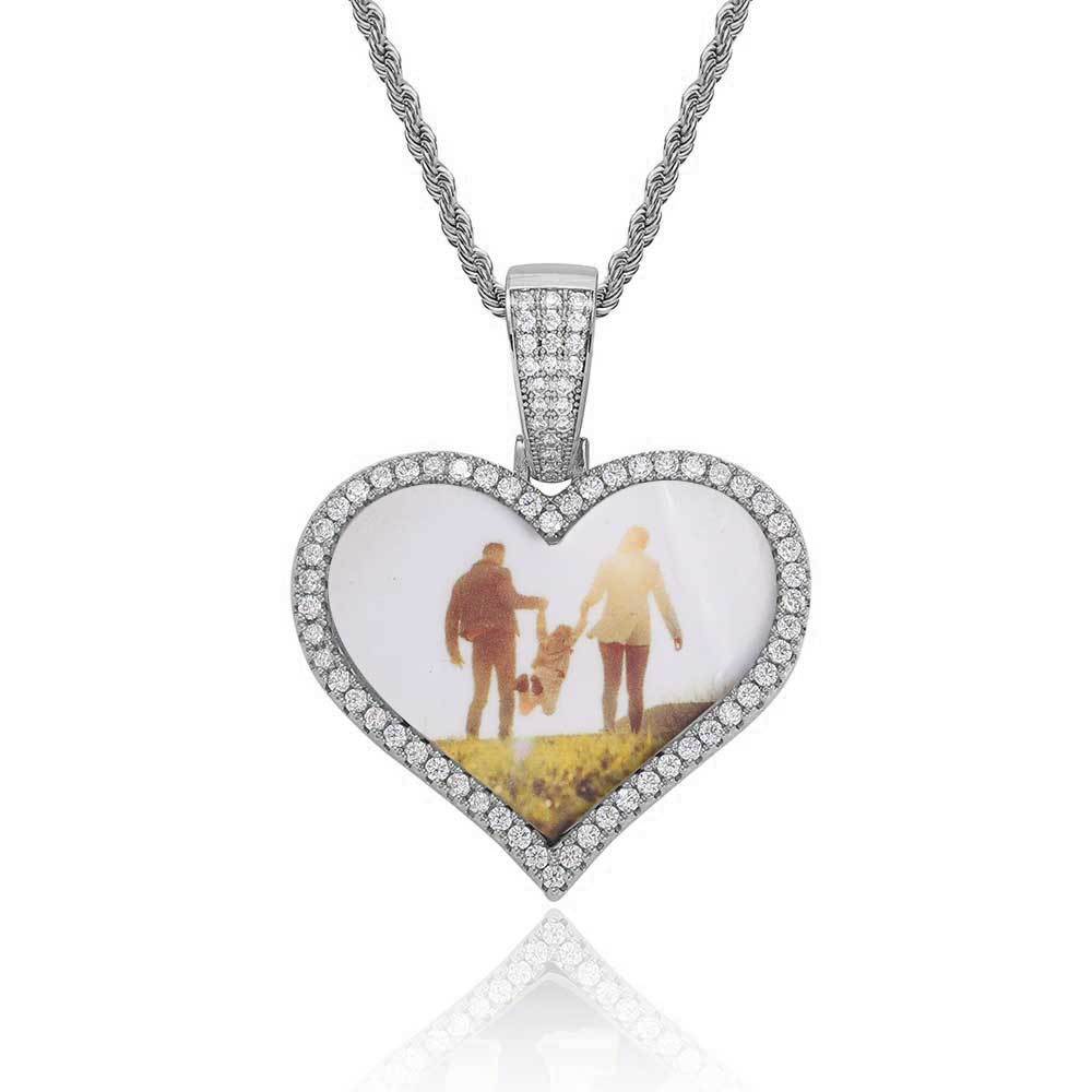 Wholesale Custom Heart Photo Customized Pendants Zircon Bling Iced Out Picture Necklaces