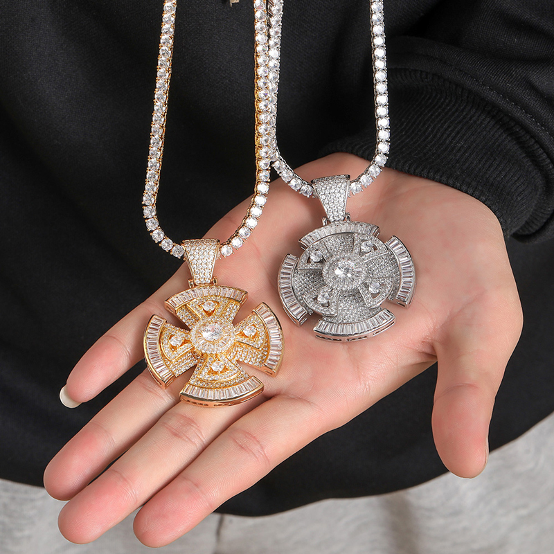 Rotating Cross Pendant Necklace – Iced Out CZ Diamond, Gold Tennis Chain