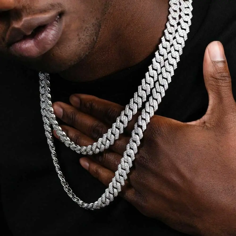 14mm Zircon Miami Prong Cuban Link Chain for Men Necklace Choker Iced Out Hip Hop Jewelry Items With Free Shipping