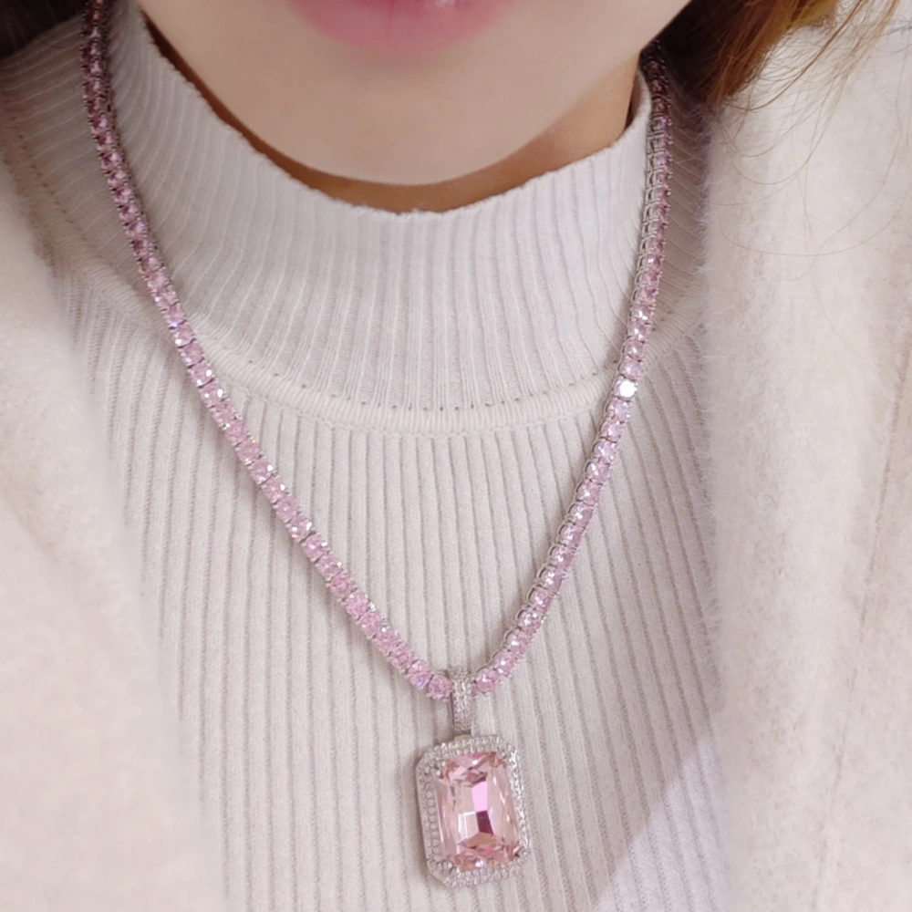 Custom Hiphop Bling Cz Charms More Color Aquamarine Red Ruby Emerald Rose Gold Plated Magnolia Crystal Pendant With Tennis Chain