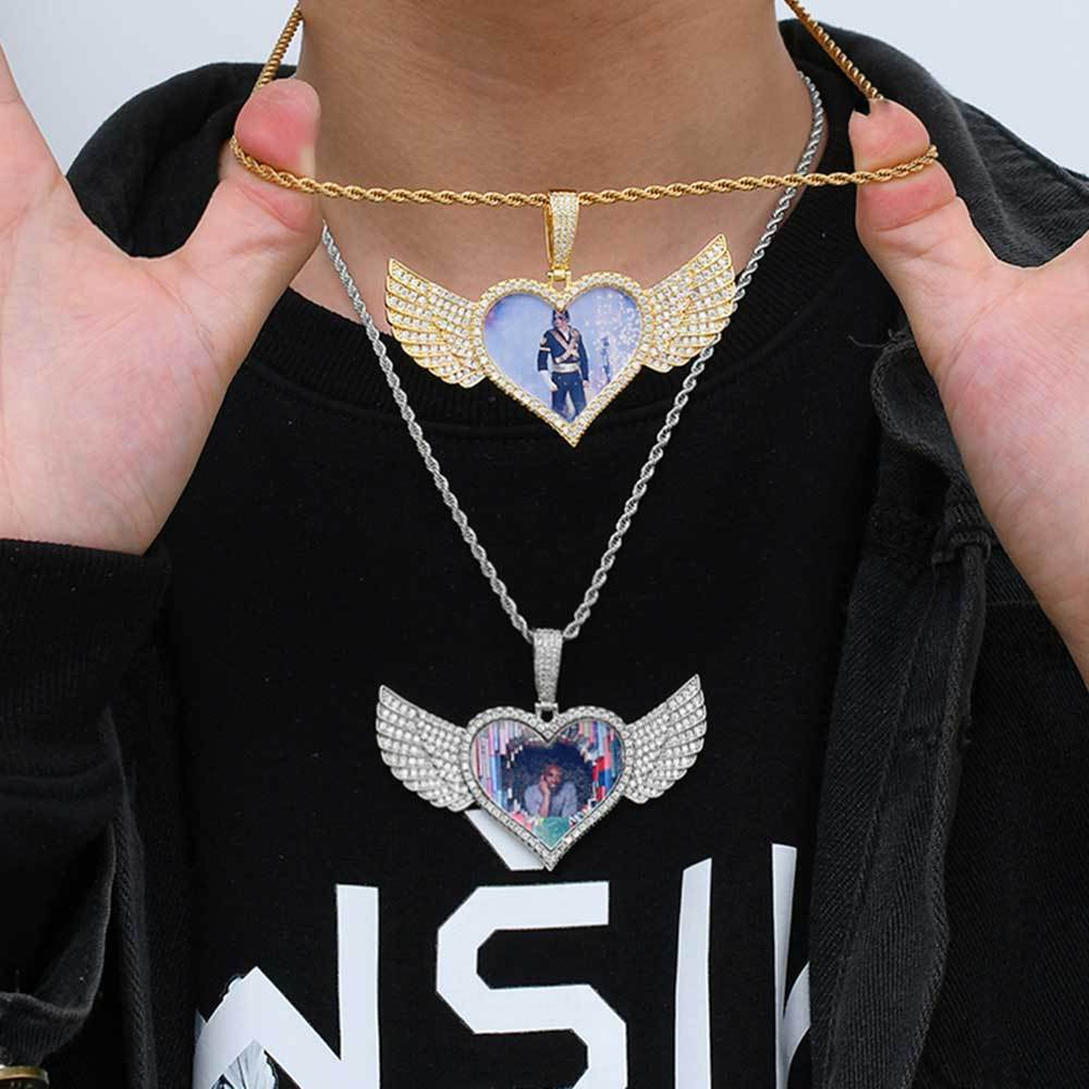 Wholesale Iced Out Wing Heart Photo Pendant Necklace Acceptable Free Logo