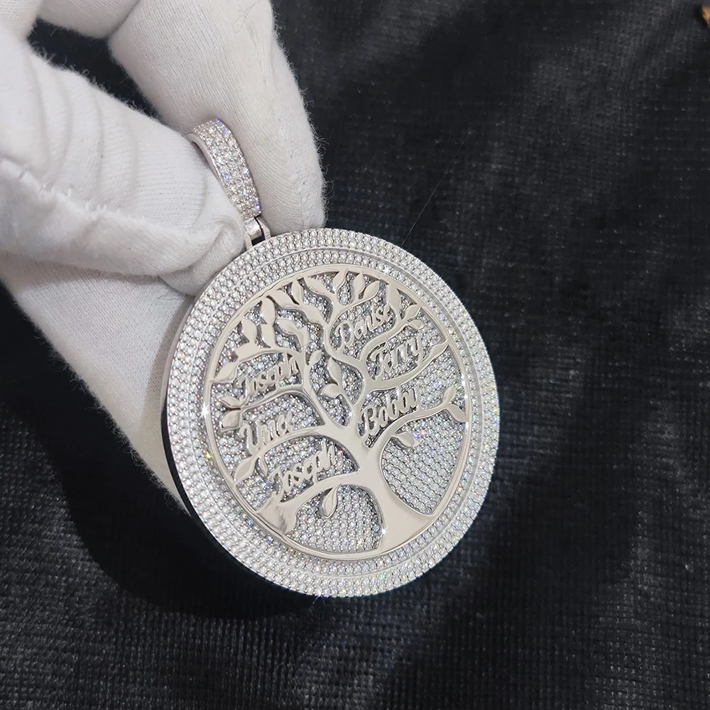 Custom 2inch Circle Family Tree Multiple Name Pendant 925Sterling Silver For Women VVS Moissanite Jewelry Pendant  Necklace Men