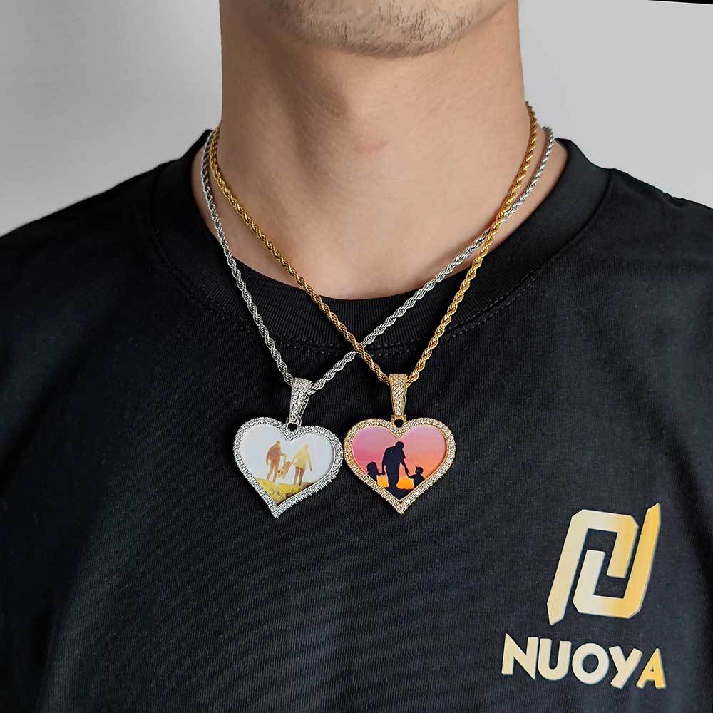 Wholesale Custom Heart Photo Customized Pendants Zircon Bling Iced Out Picture Necklaces