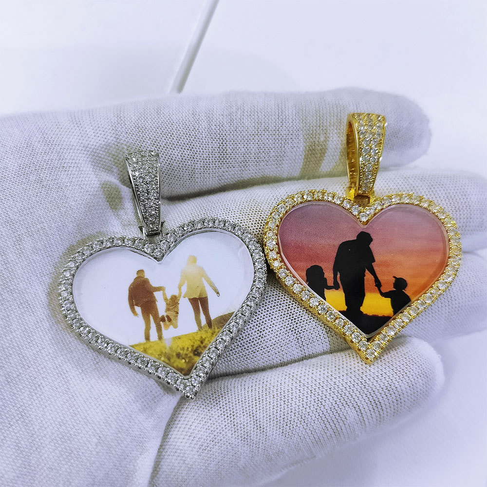 Wholesale Custom Heart Photo Customized Pendants Zircon Bling Iced Out Picture Necklaces