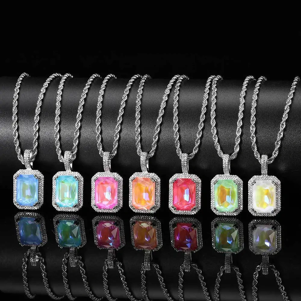Custom Hiphop Bling Cz Charms More Color Aquamarine Red Ruby Emerald Rose Gold Plated Magnolia Crystal Pendant With Tennis Chain