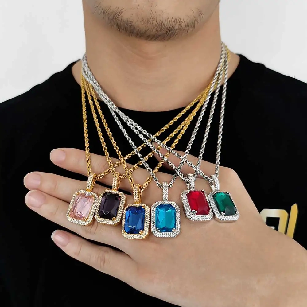 Custom Hiphop Bling Cz Charms More Color Aquamarine Red Ruby Emerald Rose Gold Plated Magnolia Crystal Pendant With Tennis Chain