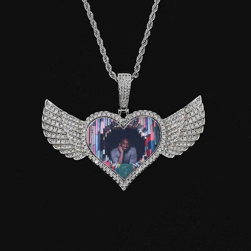 Wholesale Iced Out Wing Heart Photo Pendant Necklace Acceptable Free Logo
