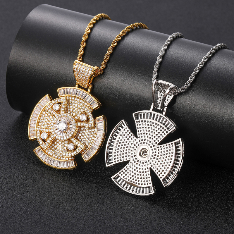 Rotating Cross Pendant Necklace – Iced Out CZ Diamond, Gold Tennis Chain