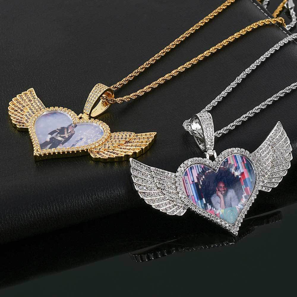 Wholesale Iced Out Wing Heart Photo Pendant Necklace Acceptable Free Logo