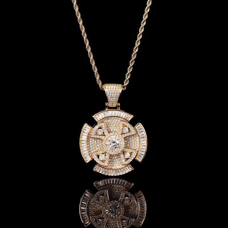 Rotating Cross Pendant Necklace – Iced Out CZ Diamond, Gold Tennis Chain