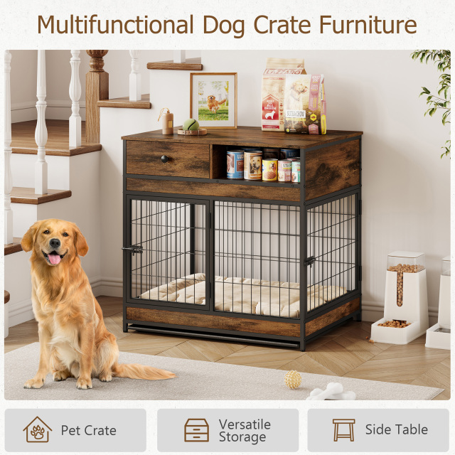 Furniture Dog Cage Crate with Double Doors ,Rustic Brown,31.5"WX22.64"DX30.59"H,DJGL0001B