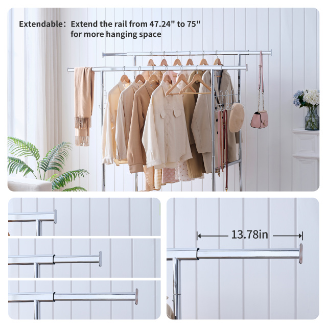 Double Clothing Garment Rack with Shelves Capacity 800lbs Clothing Racks on Wheels Rolling Clothes Rack for Hanging Clothes Heavy Duty Portable Collapsible Commercial Garment Rack,DJSG208C