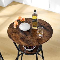 Round bar table and stool set with shelf, upholstered stool with backrest, Rustic Brown, 24.17"W x 24.17"D x 36.02"H,DJBZ003B