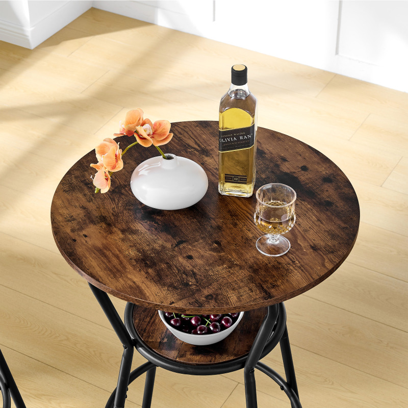 Round bar table and stool set with shelf, upholstered stool with backrest, Rustic Brown, 24.17"W x 24.17"D x 36.02"H,DJBZ003B