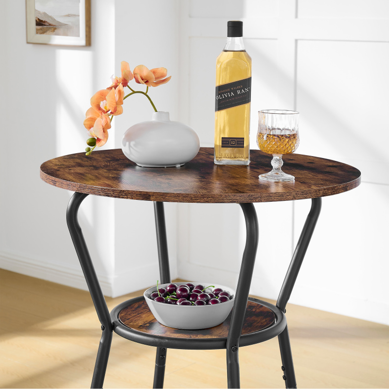 Round bar table and stool set with shelf, upholstered stool with backrest, Rustic Brown, 24.17"W x 24.17"D x 36.02"H,DJBZ003B