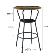 Round bar table and stool set with shelf, upholstered stool with backrest, Rustic Brown, 24.17"W x 24.17"D x 36.02"H,DJBZ003B