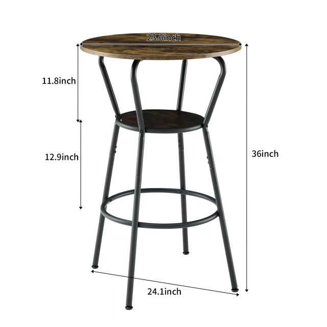 Round bar table and stool set with shelf, upholstered stool with backrest, Rustic Brown, 24.17"W x 24.17"D x 36.02"H,DJBZ003B