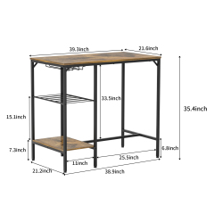 Round bar table and stool set with shelf, upholstered stool with backrest, Rustic Brown, 24.17"W x 24.17"D x 36.02"H,DJBZ002B