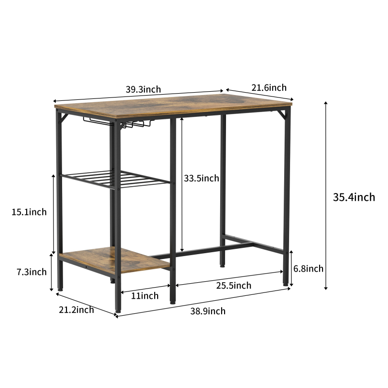 Round bar table and stool set with shelf, upholstered stool with backrest, Rustic Brown, 24.17"W x 24.17"D x 36.02"H,DJBZ002B