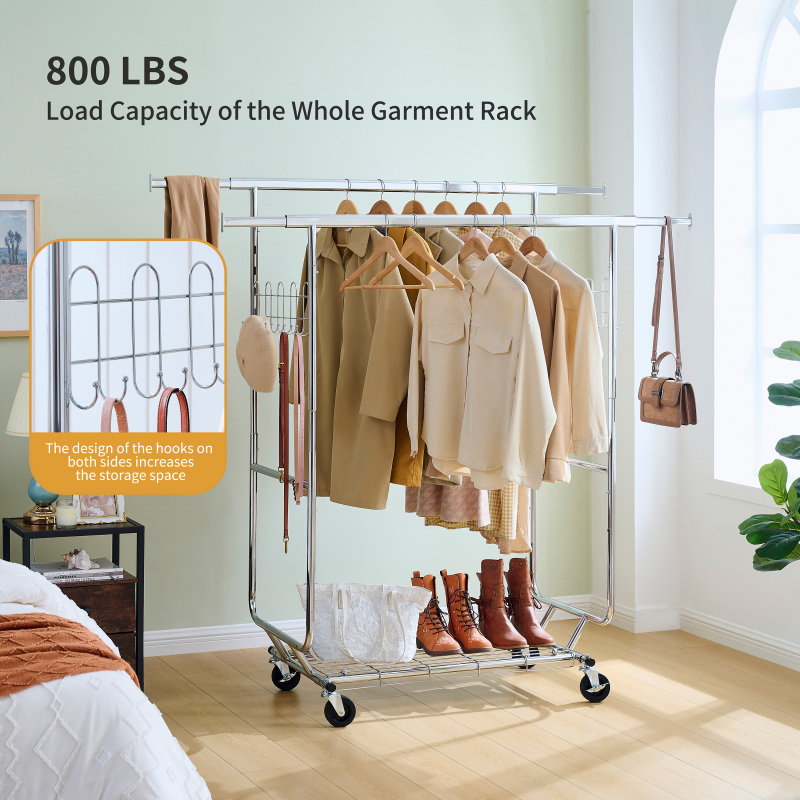 Double Clothing Garment Rack with Shelves Capacity 800lbs Clothing Racks on Wheels Rolling Clothes Rack for Hanging Clothes Heavy Duty Portable Collapsible Commercial Garment Rack,DJSG208C