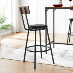 Round bar table and stool set with shelf, upholstered stool with backrest, Rustic Brown, 24.17"W x 24.17"D x 36.02"H,DJBZ002B