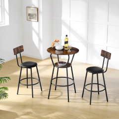 Round bar table and stool set with shelf, upholstered stool with backrest, Rustic Brown, 24.17"W x 24.17"D x 36.02"H,DJBZ003B