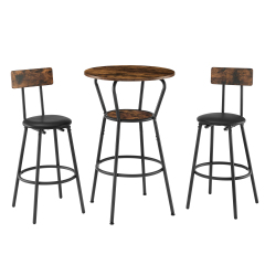 Round bar table and stool set with shelf, upholstered stool with backrest, Rustic Brown, 24.17"W x 24.17"D x 36.02"H,DJBZ003B