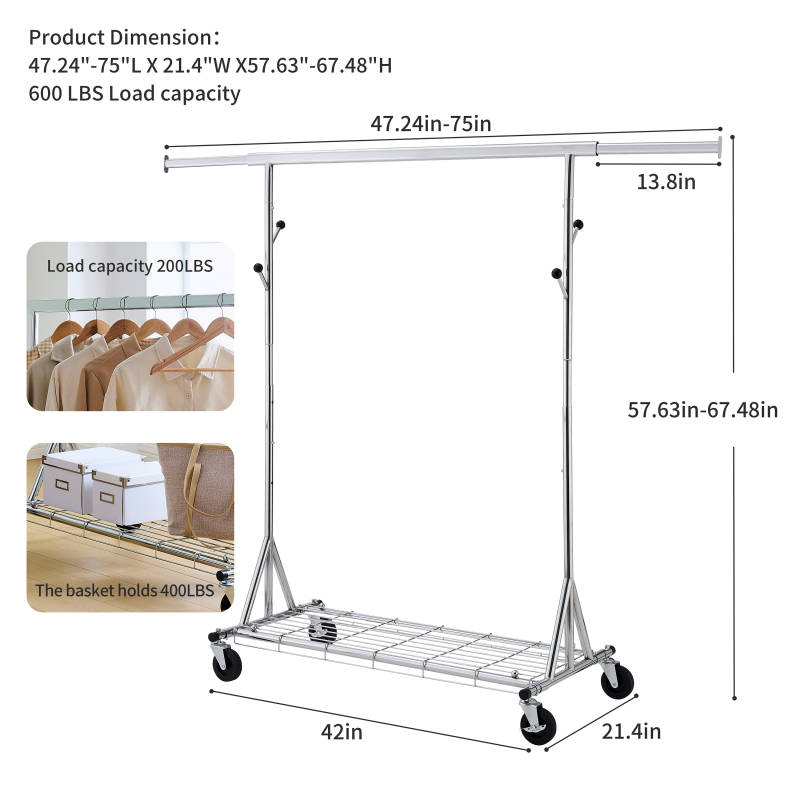 Garment Rack Heavy Duty Clothing Rack 600LBS Rolling Garment Racks for Hanging Clothes, Commercial Garment Rack Heavy Duty Clothes Rack Collapsible ＆ Portable Clothing Rack with Wheels,DJDG106C