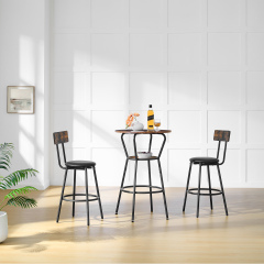 Round bar table and stool set with shelf, upholstered stool with backrest, Rustic Brown, 24.17"W x 24.17"D x 36.02"H,DJBZ003B