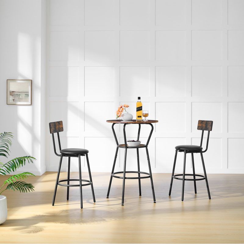 Round bar table and stool set with shelf, upholstered stool with backrest, Rustic Brown, 24.17"W x 24.17"D x 36.02"H,DJBZ003B